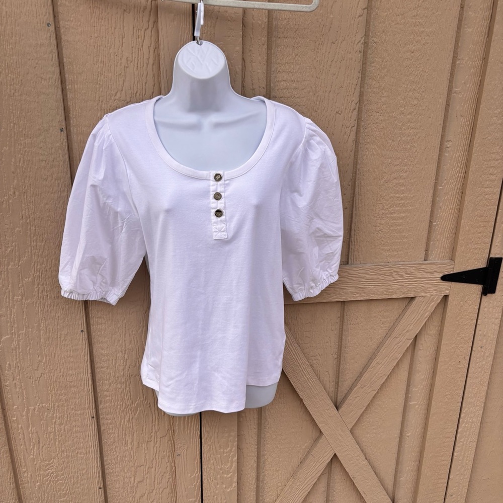 Ralph Lauren White Puff Sleeve Blouse Stretch Cotton Puff-Sleeve Henley Tee.